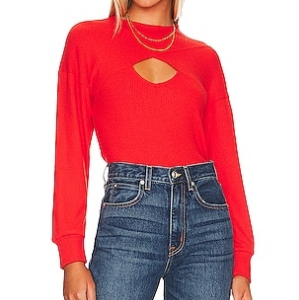 NWT LNA Cori Ribbed Cutout Sweater Top in Tomato, Raw Edge Mockneck, Size Small.